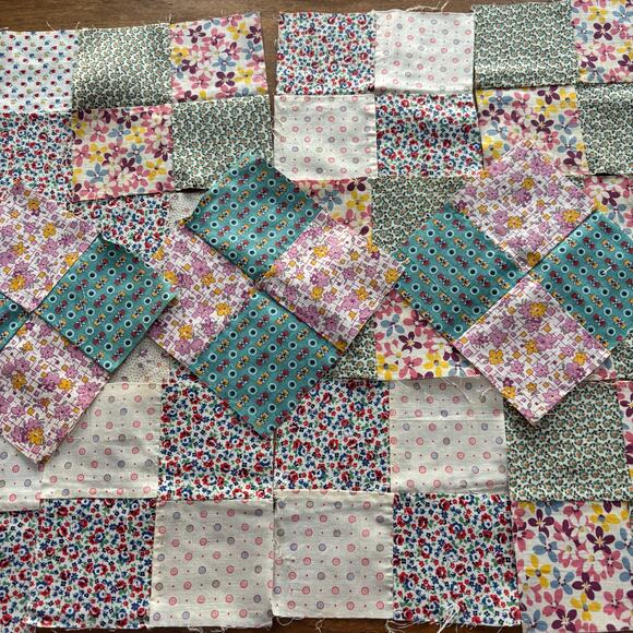 Hand Sewn Patchwork quilt squares (15) multicolor blocks cotton 1940s 4-patch - Picture 3 of 10